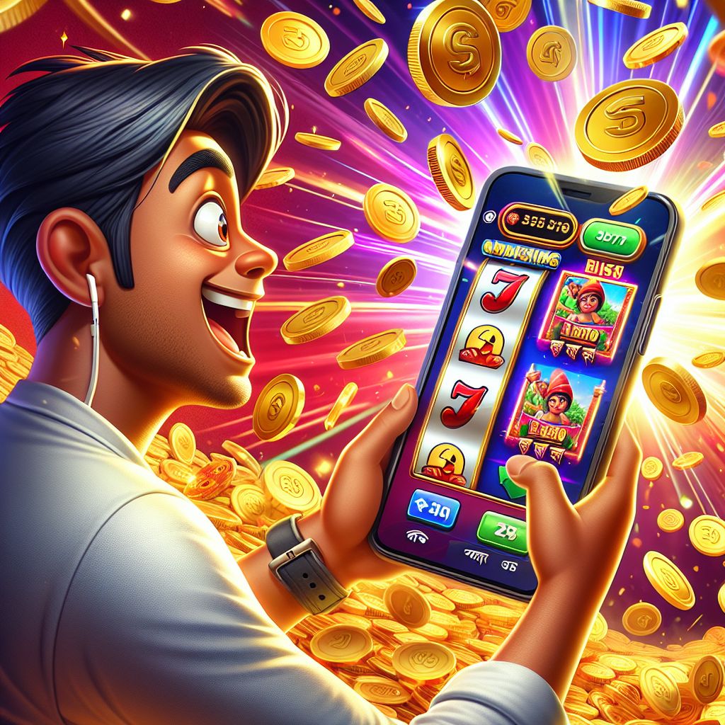 Cartoon character from Bangladesh happily playing online slots with coins and symbols around